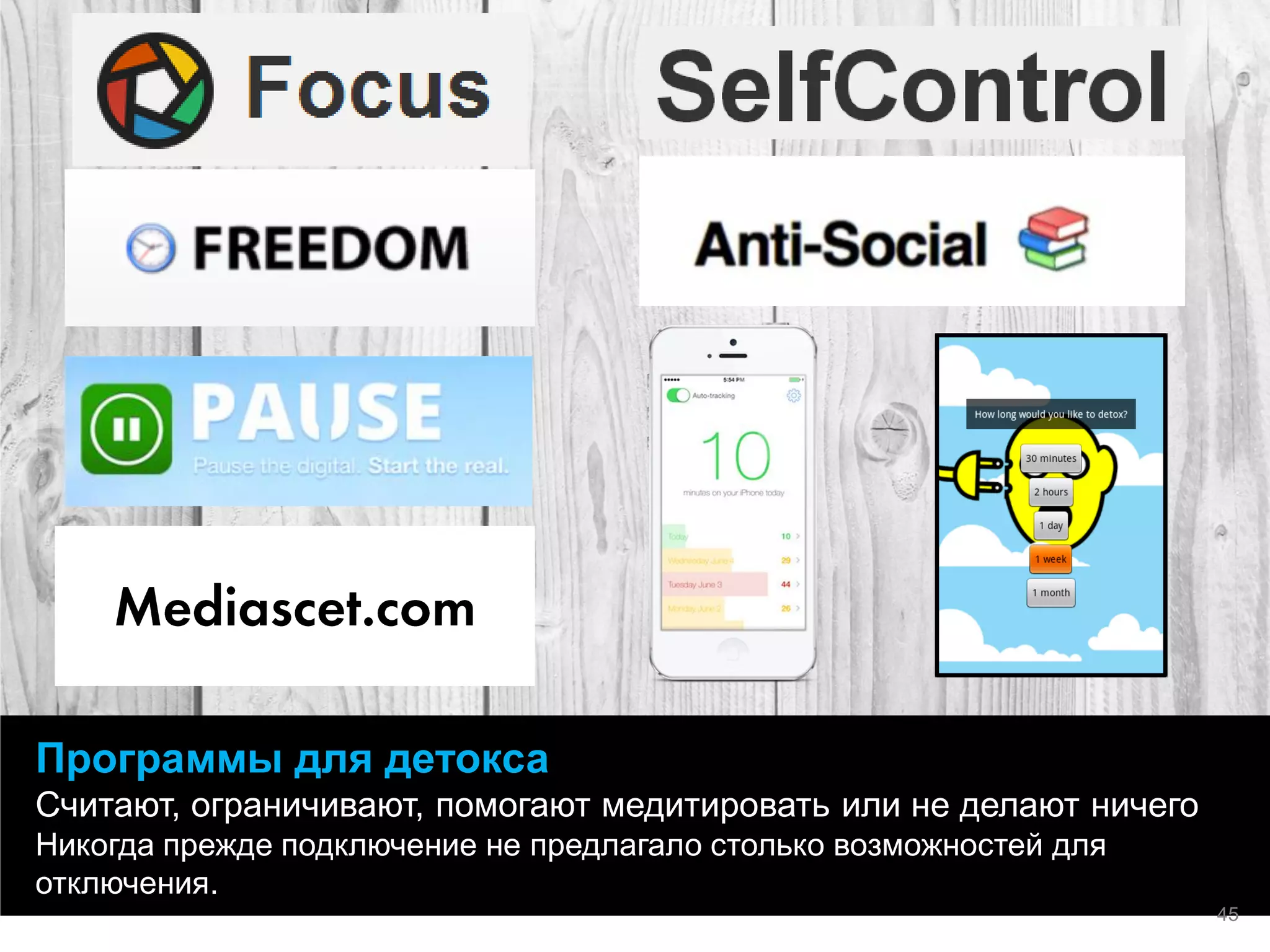 Программы для детокса 
Считают, ограничивают, помогают медитировать или не делают ничего 
Никогда прежде подключение не предлагало столько возможностей для отключения. 
45  