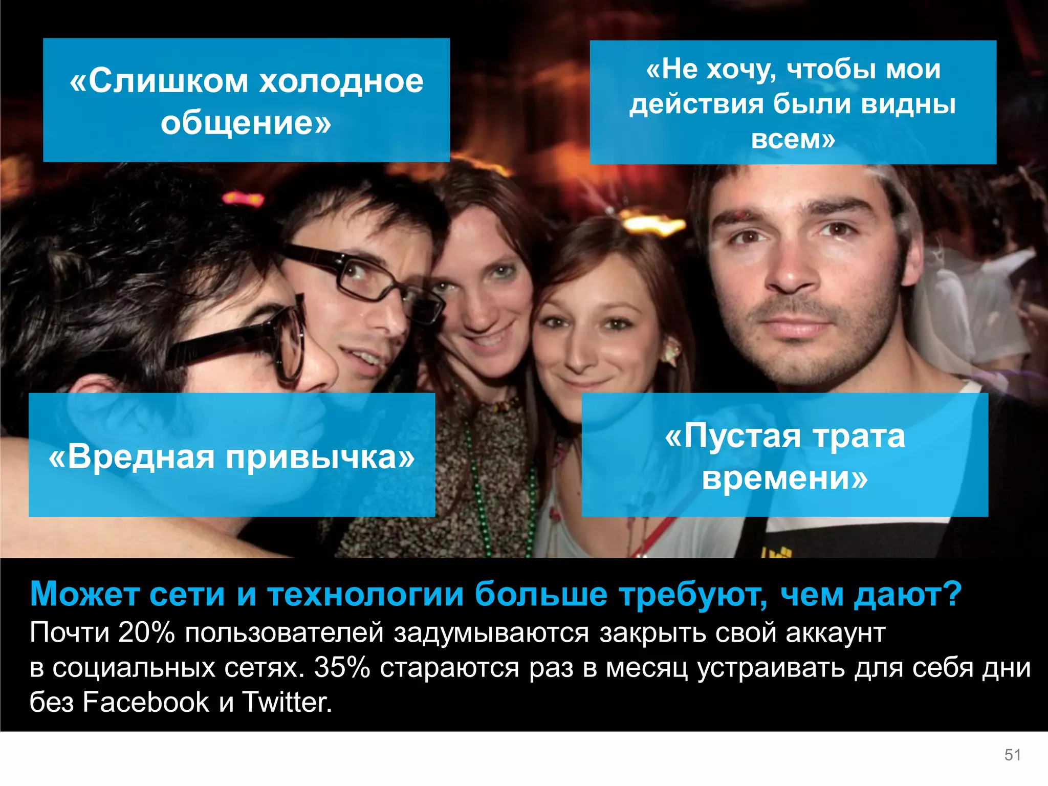 Может сети и технологии больше требуют, чем дают? 
Почти 20% пользователей задумываются закрыть свой аккаунт в социальных сетях. 35% стараются раз в месяц устраивать для себя дни без Facebook и Twitter. 
«Слишком холодное общение» 
«Пустая трата времени» 
«Не хочу, чтобы мои действия были видны всем» 
«Вредная привычка» 
51  