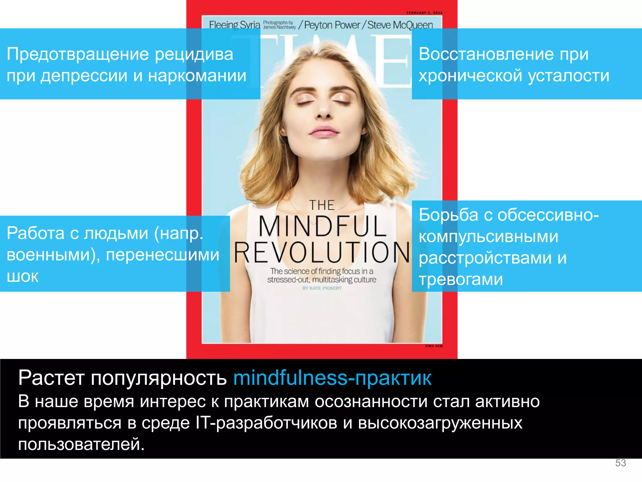 Растет популярность mindfulness-практик В наше время интерес к практикам осознанности стал активно проявляться в среде IT-разработчиков и высокозагруженных пользователей. 
Предотвращение рецидива при депрессии и наркомании 
Восстановление при хронической усталости 
Борьба с обсессивно- компульсивными расстройствами и тревогами 
Работа с людьми (напр. военными), перенесшими шок 
53  