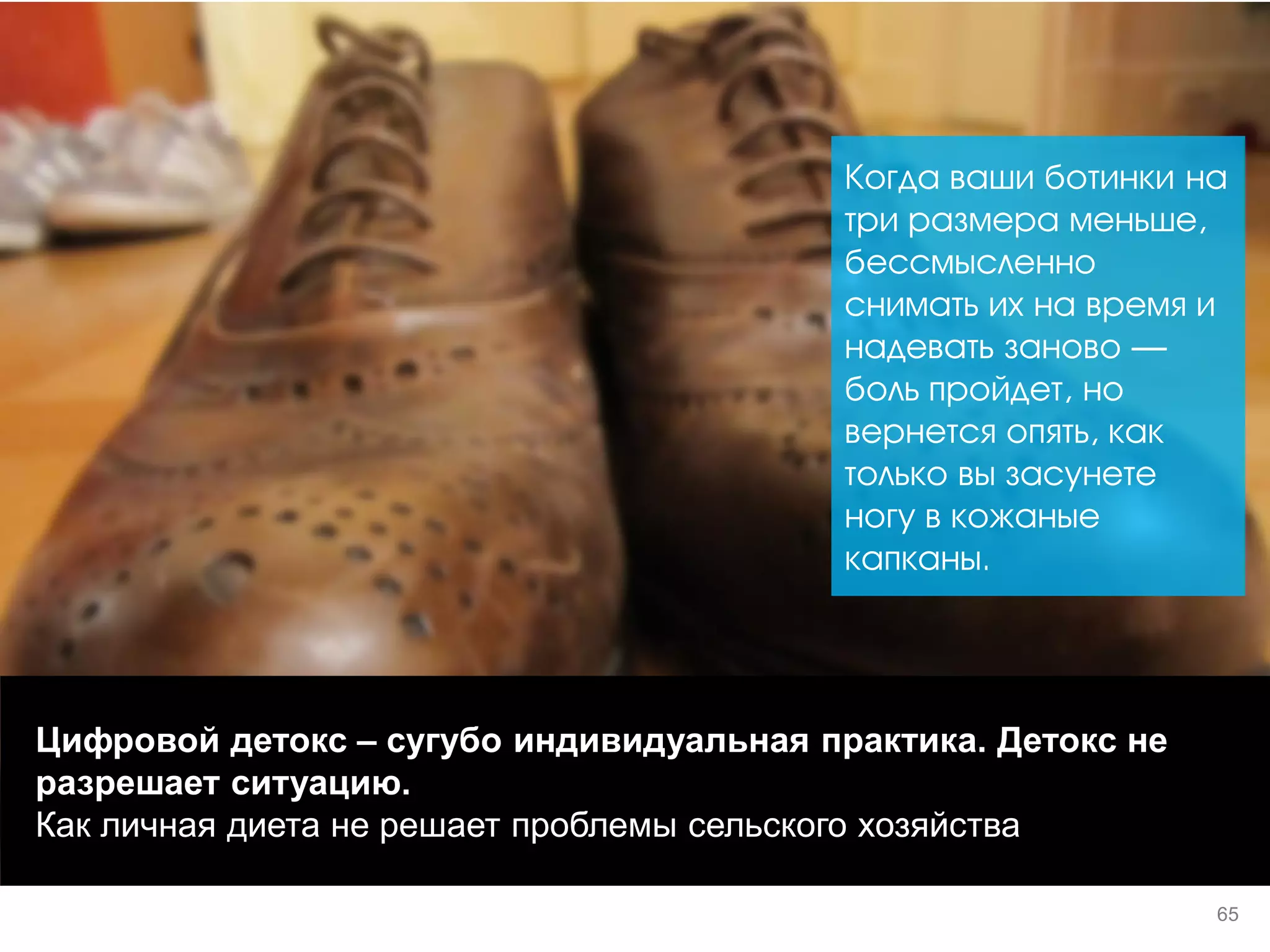 Цифровой детокс – сугубо индивидуальная практика. Детокс не разрешает ситуацию. 
Как личная диета не решает проблемы сельского хозяйства 
Когда ваши ботинки на три размера меньше, бессмысленно снимать их на время и надевать заново — боль пройдет, но вернется опять, как только вы засунете ногу в кожаные капканы. 
65  