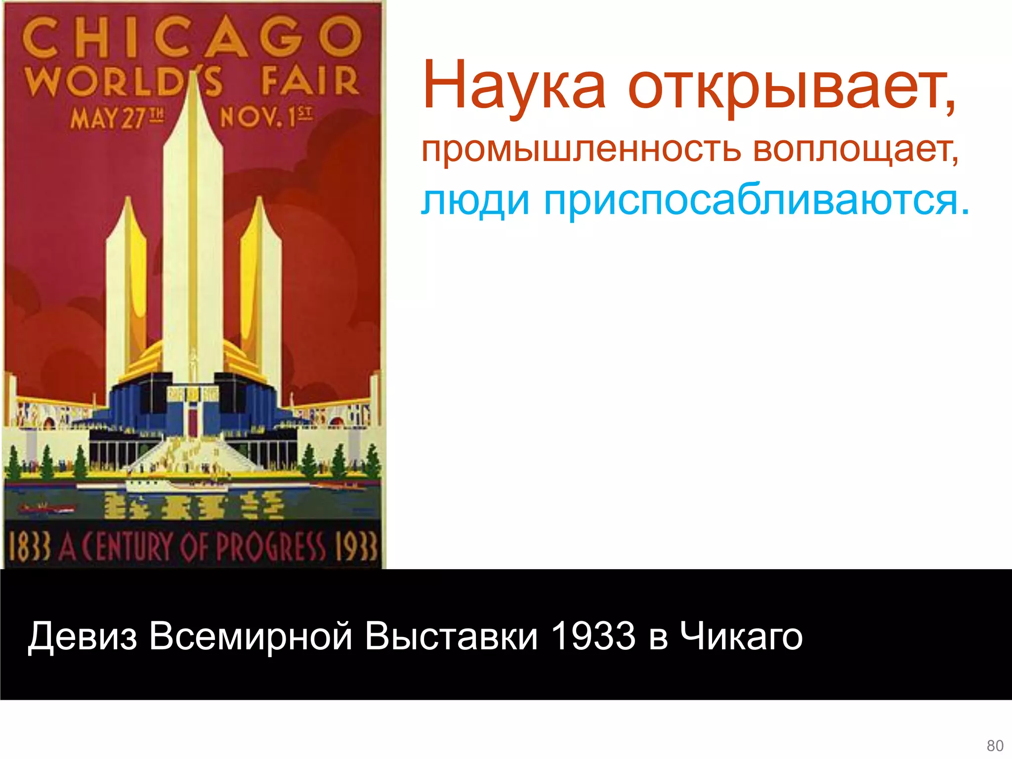 Девиз Всемирной Выставки 1933 в Чикаго 
Наука открывает, промышленность воплощает, люди приспосабливаются. 
80  