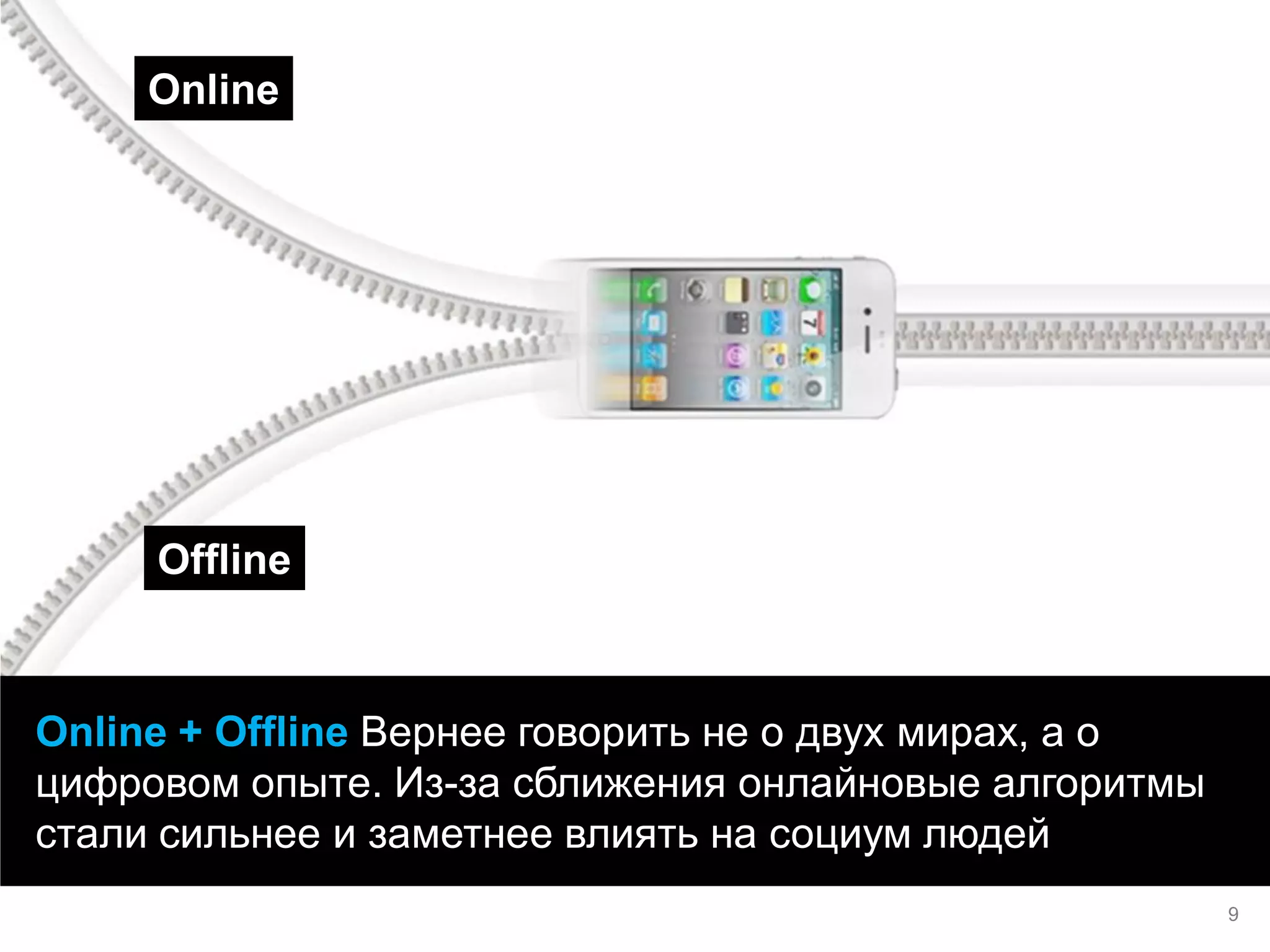 Online + Offline Вернее говорить не о двух мирах, а о цифровом опыте. Из-за сближения онлайновые алгоритмы стали сильнее и заметнее влиять на социум людей 
Online 
Offline 
9  