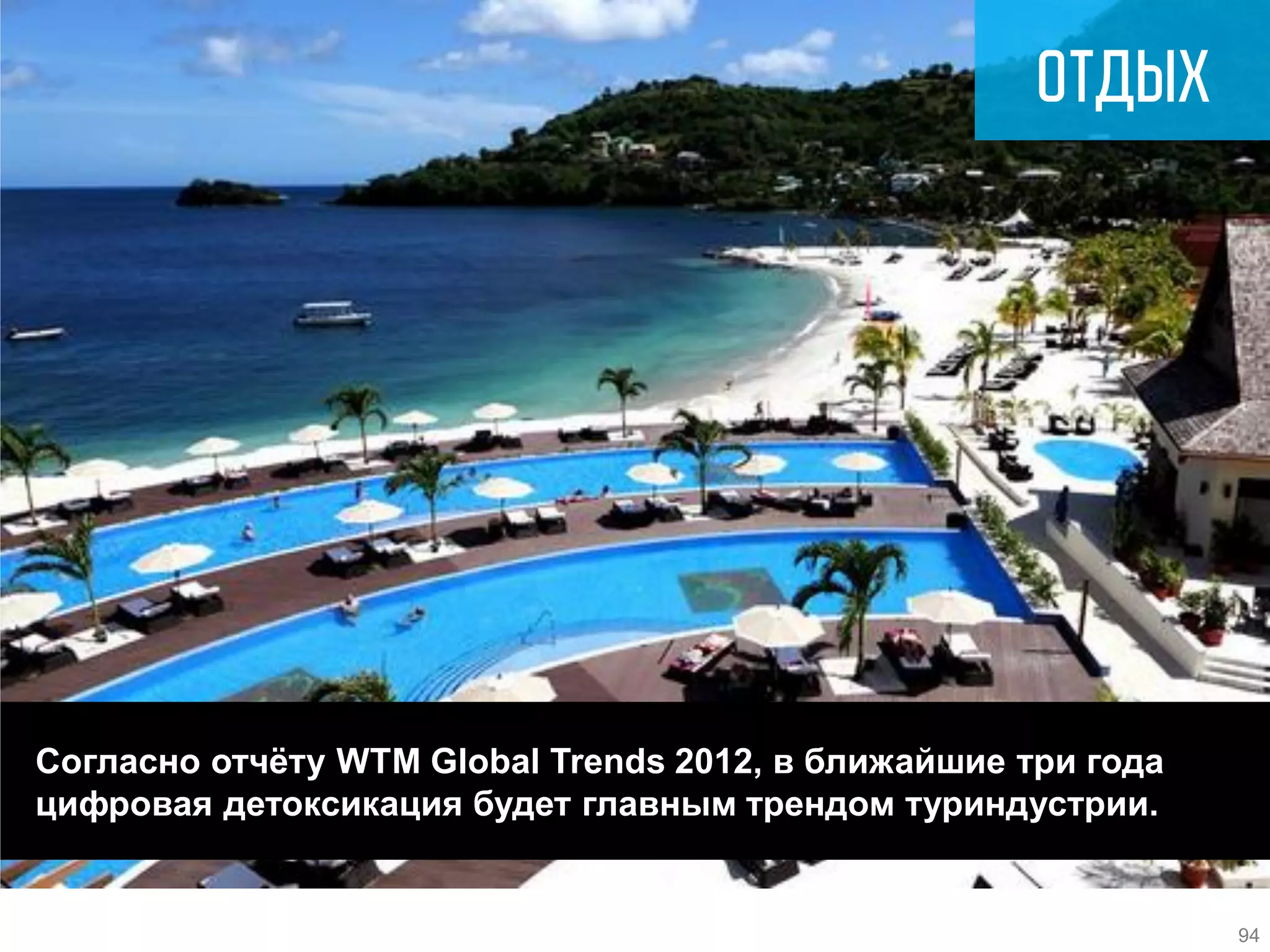 Согласно отчёту WTM Global Trends 2012, в ближайшие три года цифровая детоксикация будет главным трендом туриндустрии. 
94  