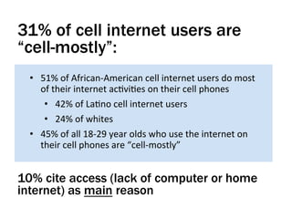 31% of cell internet users are
“cell-mostly”:
  •  51%	
  of	
  African-­‐American	
  cell	
  internet	
  users	
  do	
  most	
  
     of	
  their	
  internet	
  acYviYes	
  on	
  their	
  cell	
  phones	
  
      •  42%	
  of	
  LaYno	
  cell	
  internet	
  users	
  
      •  24%	
  of	
  whites	
  
  •  45%	
  of	
  all	
  18-­‐29	
  year	
  olds	
  who	
  use	
  the	
  internet	
  on	
  
     their	
  cell	
  phones	
  are	
  “cell-­‐mostly”	
  


10% cite access (lack of computer or home
internet) as main reason
 