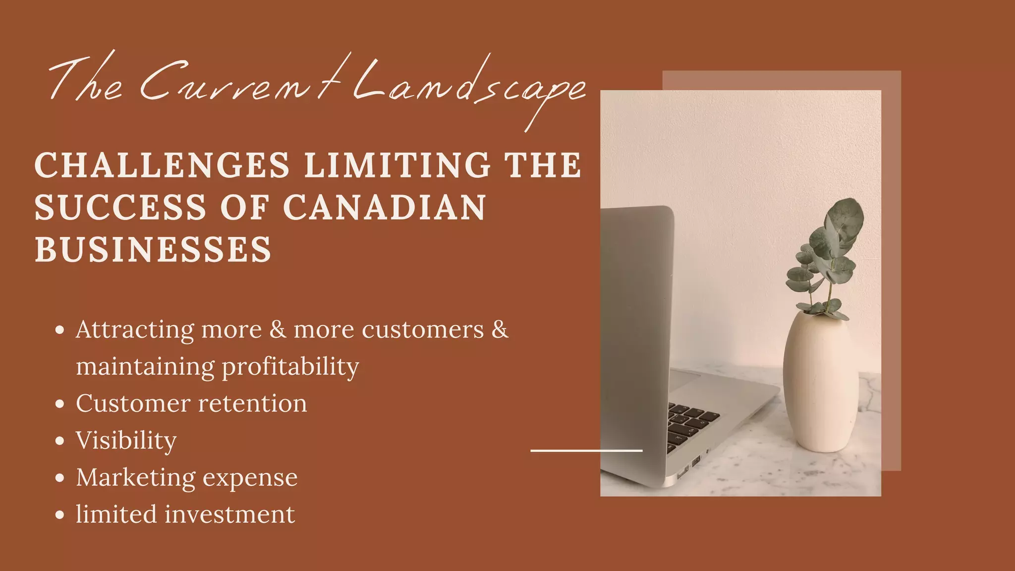 The Current Landscape
CHALLENGES LIMITING THE
SUCCESS OF CANADIAN
BUSINESSES
Attracting more & more customers &
maintaining profitability
Customer retention
Visibility
Marketing expense
limited investment
 