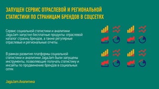 ЗАПУЩЕН СЕРВИС ОТРАСЛЕВОЙ И РЕГИОНАЛЬНОЙ
СТАТИСТИКИ ПО СТРАНИЦАМ БРЕНДОВ В СОЦСЕТЯХ
Сервис социальной статистики и аналитики
JagaJam запустил бесплатные продукты: отраслевой
каталог страниц брендов, а также регулярные
отраслевые и региональные отчеты.
В рамках развития платформы социальной
статистики и аналитики JagaJam были запущены
инструменты, позволяющие получать статистику и
инсайты по продвижению брендов в социальных
сетях
JagaJam.Аналитика
 