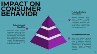 8
Increased Attention Span
Short-form videos, ranging
from seconds to a minutes,
cater to shrinking attention
spans. This reshapes content
consumption, as audiences
actively seek engaging
content between daily
activities.
3
Authenticity and
Relatability
Short-form videos attract
consumers with their raw,
unfiltered appeal. Brands
that embrace authenticity
and relatability in their
marketing approaches can
connect with audiences on
a deeper level, fostering
trust and resonance.
2
Fostering Emotional
Connections
Skillfully designed short-
form videos evoke
emotions concisely.
Companies achieving this
emotional connection
forge lasting bonds with
their target audience.
1
IMPACT ON
CONSUMER
BEHAVIOR
 