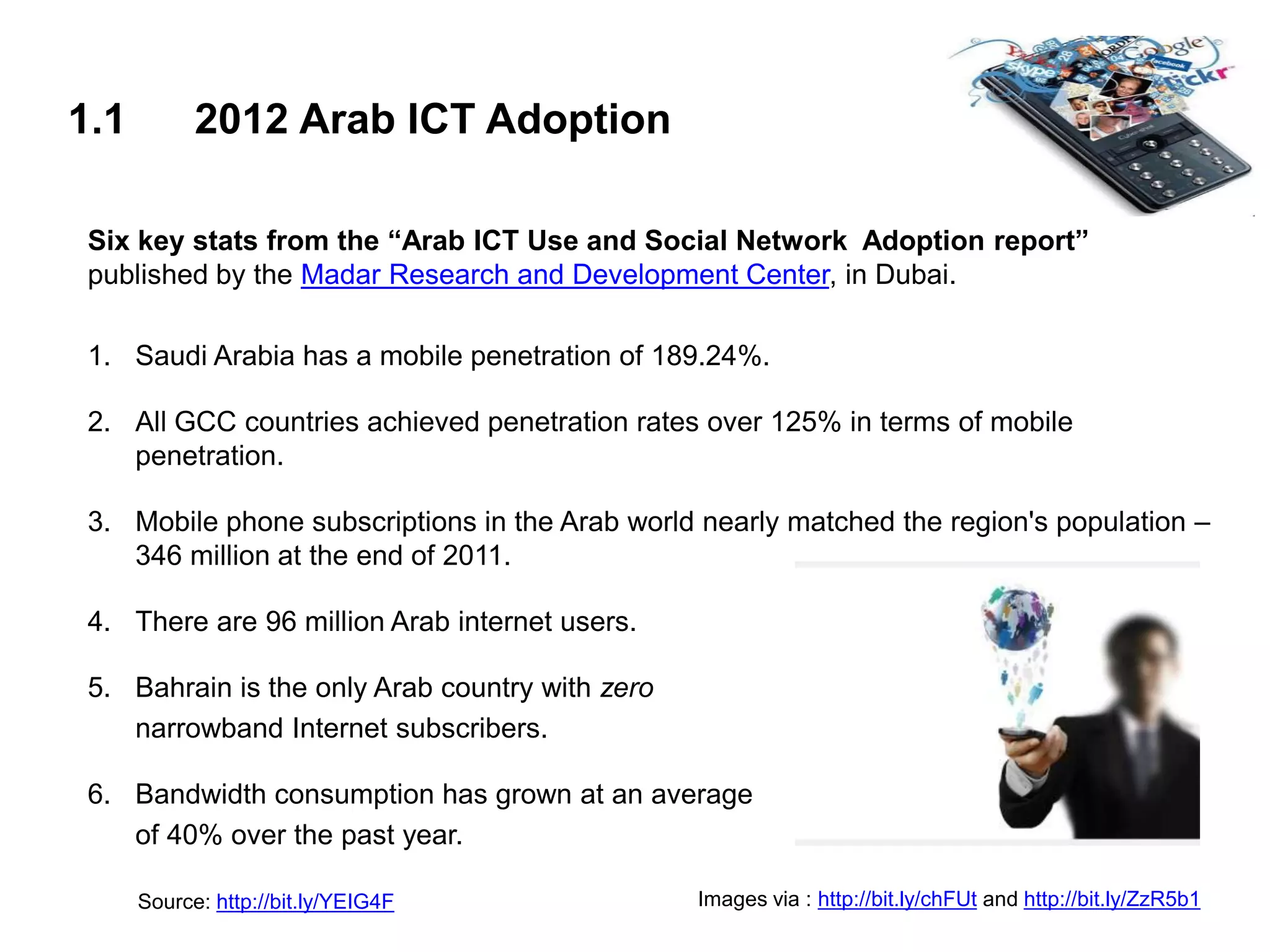 1.1 2012 Arab ICT Adoption
Six key stats from the “Arab ICT Use and Social Network Adoption report”
published by the Madar Research and Development Center, in Dubai.
1. Saudi Arabia has a mobile penetration of 189.24%.
2. All GCC countries achieved penetration rates over 125% in terms of mobile
penetration.
3. Mobile phone subscriptions in the Arab world nearly matched the region's population –
346 million at the end of 2011.
4. There are 96 million Arab internet users.
5. Bahrain is the only Arab country with zero
narrowband Internet subscribers.
6. Bandwidth consumption has grown at an average
of 40% over the past year.
Images via : http://bit.ly/chFUt and http://bit.ly/ZzR5b1Source: http://bit.ly/YEIG4F
 