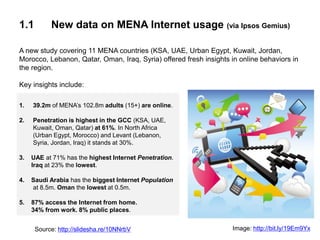1.1 New data on MENA Internet usage (via Ipsos Gemius)
A new study covering 11 MENA countries (KSA, UAE, Urban Egypt, Kuwa...