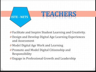 ISTE - NETS
0 Facilitate and Inspire Student Learning and Creativity.
0 Design and Develop Digital Age Learning Experiences
and Assessment
0 Model Digital Age Work and Learning
0 Promote and Model Digital Citizenship and
Responsibility
0 Engage in Professional Growth and Leadership
 