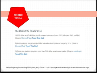 http://blog.hubspot.com/blog/tabid/6307/bid/33314/23-Eye-Opening-Mobile-Marketing-Stats-You-Should-Know.aspx
MOBILE
TOOLS
 