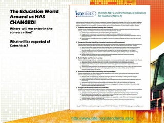 The Education World
Around us HAS
CHANGED!
Where will we enter in the
conversation?

What will be expected of
Catechists?




                             http://www.iste.org/standards.aspx
 