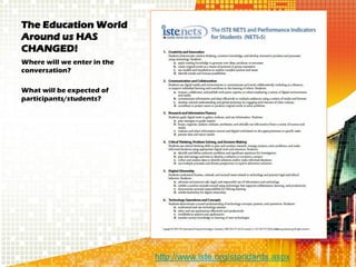 The Education World
Around us HAS
CHANGED!
Where will we enter in the
conversation?

What will be expected of
participants/students?




                             http://www.iste.org/standards.aspx
 