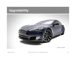 Upgradability
@joeweinman	
   ©	
  2015	
  Joe	
  Weinman.	
  	
  All	
  Rights	
  Reserved.	
   20	
  
Source: Tesla
 