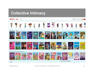 Collective Intimacy
@joeweinman	
   ©	
  2015	
  Joe	
  Weinman.	
  	
  All	
  Rights	
  Reserved.	
   31	
  
Source: Netflix
 