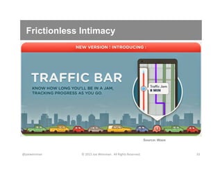 Frictionless Intimacy
@joeweinman	
   ©	
  2015	
  Joe	
  Weinman.	
  	
  All	
  Rights	
  Reserved.	
   33	
  
Source: Waze
 