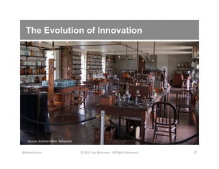 The Evolution of Innovation
@joeweinman	
   ©	
  2015	
  Joe	
  Weinman.	
  	
  All	
  Rights	
  Reserved.	
   37	
  
Source:	
  Andrew	
  Balet,	
  Wikipedia	
  
 