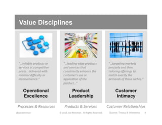 Value Disciplines
@joeweinman	
   ©	
  2015	
  Joe	
  Weinman.	
  	
  All	
  Rights	
  Reserved.	
   4	
  Source: Treacy & Wiersema
Operational
Excellence
Processes	
  &	
  Resources	
   Products	
  &	
  Services	
   Customer	
  Rela4onships	
  
Product
Leadership
Customer
Intimacy
“…reliable	
  products	
  or	
  
services	
  at	
  compe44ve	
  
prices…delivered	
  with	
  
minimal	
  diﬃculty	
  or	
  
inconvenience.”	
  
“…leading-­‐edge	
  products	
  
and	
  services	
  that	
  
consistently	
  enhance	
  the	
  
customer’s	
  use	
  or	
  
applica4on	
  of	
  the	
  
product…”	
  
“…targe4ng	
  markets	
  
precisely	
  and	
  then	
  
tailoring	
  oﬀerings	
  to	
  
match	
  exactly	
  the	
  
demands	
  of	
  those	
  niches.”	
  
 