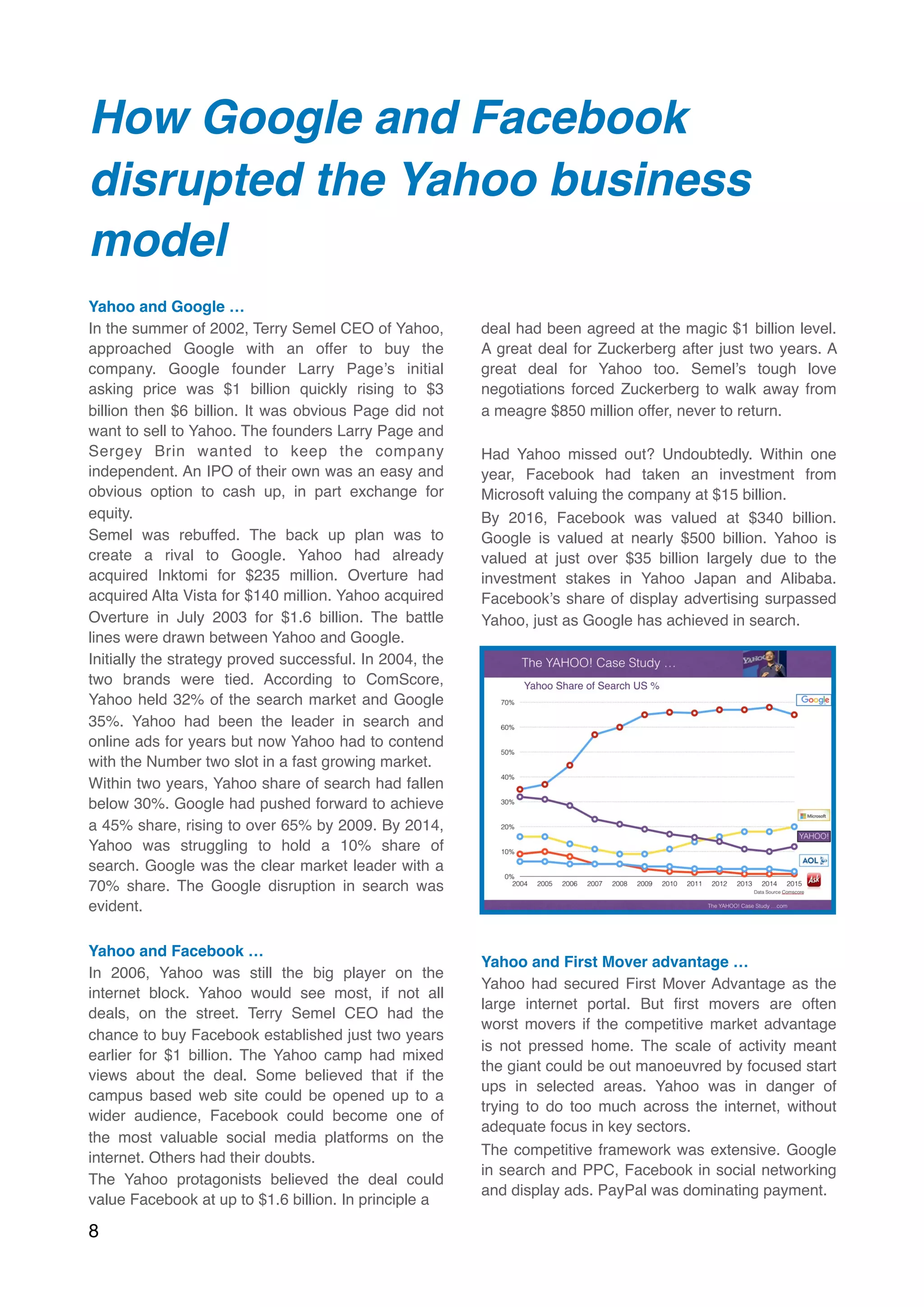 How Google and Facebook
disrupted the Yahoo business
model
Yahoo and Google …
In the summer of 2002, Terry Semel CEO of Yahoo,
approached Google with an offer to buy the
company. Google founder Larry Page’s initial
asking price was $1 billion quickly rising to $3
billion then $6 billion. It was obvious Page did not
want to sell to Yahoo. The founders Larry Page and
Sergey Brin wanted to keep the company
independent. An IPO of their own was an easy and
obvious option to cash up, in part exchange for
equity.
Semel was rebuffed. The back up plan was to
create a rival to Google. Yahoo had already
acquired Inktomi for $235 million. Overture had
acquired Alta Vista for $140 million. Yahoo acquired
Overture in July 2003 for $1.6 billion. The battle
lines were drawn between Yahoo and Google.
Initially the strategy proved successful. In 2004, the
two brands were tied. According to ComScore,
Yahoo held 32% of the search market and Google
35%. Yahoo had been the leader in search and
online ads for years but now Yahoo had to contend
with the Number two slot in a fast growing market.
Within two years, Yahoo share of search had fallen
below 30%. Google had pushed forward to achieve
a 45% share, rising to over 65% by 2009. By 2014,
Yahoo was struggling to hold a 10% share of
search. Google was the clear market leader with a
70% share. The Google disruption in search was
evident.
Yahoo and Facebook …
In 2006, Yahoo was still the big player on the
internet block. Yahoo would see most, if not all
deals, on the street. Terry Semel CEO had the
chance to buy Facebook established just two years
earlier for $1 billion. The Yahoo camp had mixed
views about the deal. Some believed that if the
campus based web site could be opened up to a
wider audience, Facebook could become one of
the most valuable social media platforms on the
internet. Others had their doubts.
The Yahoo protagonists believed the deal could
value Facebook at up to $1.6 billion. In principle a
deal had been agreed at the magic $1 billion level.
A great deal for Zuckerberg after just two years. A
great deal for Yahoo too. Semel’s tough love
negotiations forced Zuckerberg to walk away from
a meagre $850 million offer, never to return.
Had Yahoo missed out? Undoubtedly. Within one
year, Facebook had taken an investment from
Microsoft valuing the company at $15 billion.
By 2016, Facebook was valued at $340 billion.
Google is valued at nearly $500 billion. Yahoo is
valued at just over $35 billion largely due to the
investment stakes in Yahoo Japan and Alibaba.
Facebook’s share of display advertising surpassed
Yahoo, just as Google has achieved in search.
Yahoo and First Mover advantage …
Yahoo had secured First Mover Advantage as the
large internet portal. But ﬁrst movers are often
worst movers if the competitive market advantage
is not pressed home. The scale of activity meant
the giant could be out manoeuvred by focused start
ups in selected areas. Yahoo was in danger of
trying to do too much across the internet, without
adequate focus in key sectors.
The competitive framework was extensive. Google
in search and PPC, Facebook in social networking
and display ads. PayPal was dominating payment.
8
 