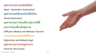 Digital DisruptionC. SANGKEETTRAKARN 65
อุตสาหกรรมยานยนต์สมัยใหม่
(Next – Generation Automotive)
อุตสาหกรรมอิเล็กทรอนิกส์อัจฉริยะ
(Smart Electronics)
อุตสาหกรรมการท่องเที่ยวกลุ่มรายได้ดี
และการท่องเที่ยวเชิงสุขภาพ
(Afﬂuent, Medical and Wellness Tourism)
การเกษตรและเทคโนโลยีชีวภาพ
(Agriculture and Biotechnolgy)
อุตสาหกรรมการแปรรูปอาหาร
(Food for the Future)
 