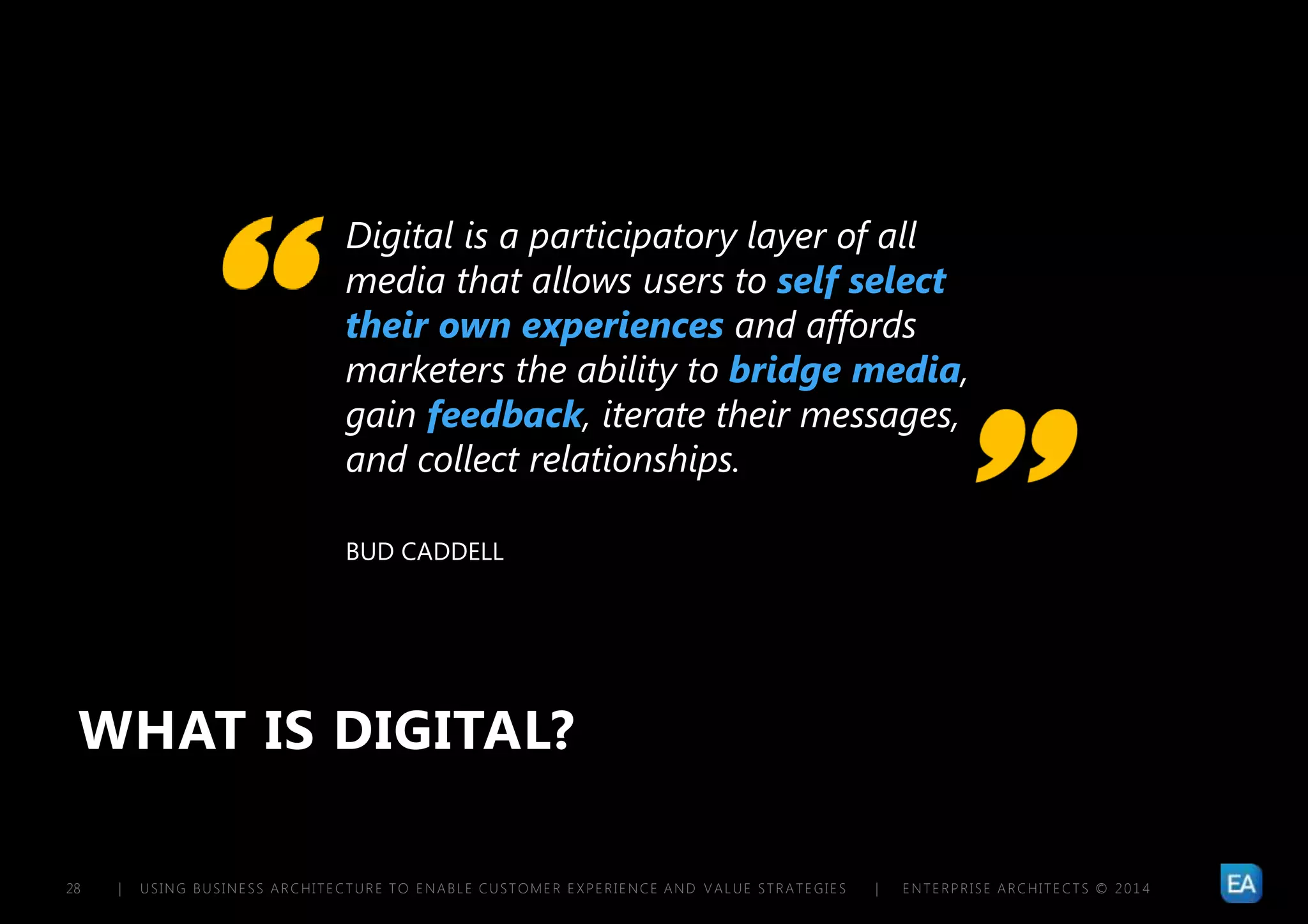 | USING BUSINESS ARCHITECTURE TO ENABLE CUSTOMER EXPERIENCE AND VALUE STRATEGIES | ENTERPRISE ARCHITECTS © 201 428
WHAT IS DIGITAL?
Digital is a participatory layer of all
media that allows users to self select
their own experiences and affords
marketers the ability to bridge media,
gain feedback, iterate their messages,
and collect relationships.
BUD CADDELL
Enterprise Architects, March 2011 Slide 28
 