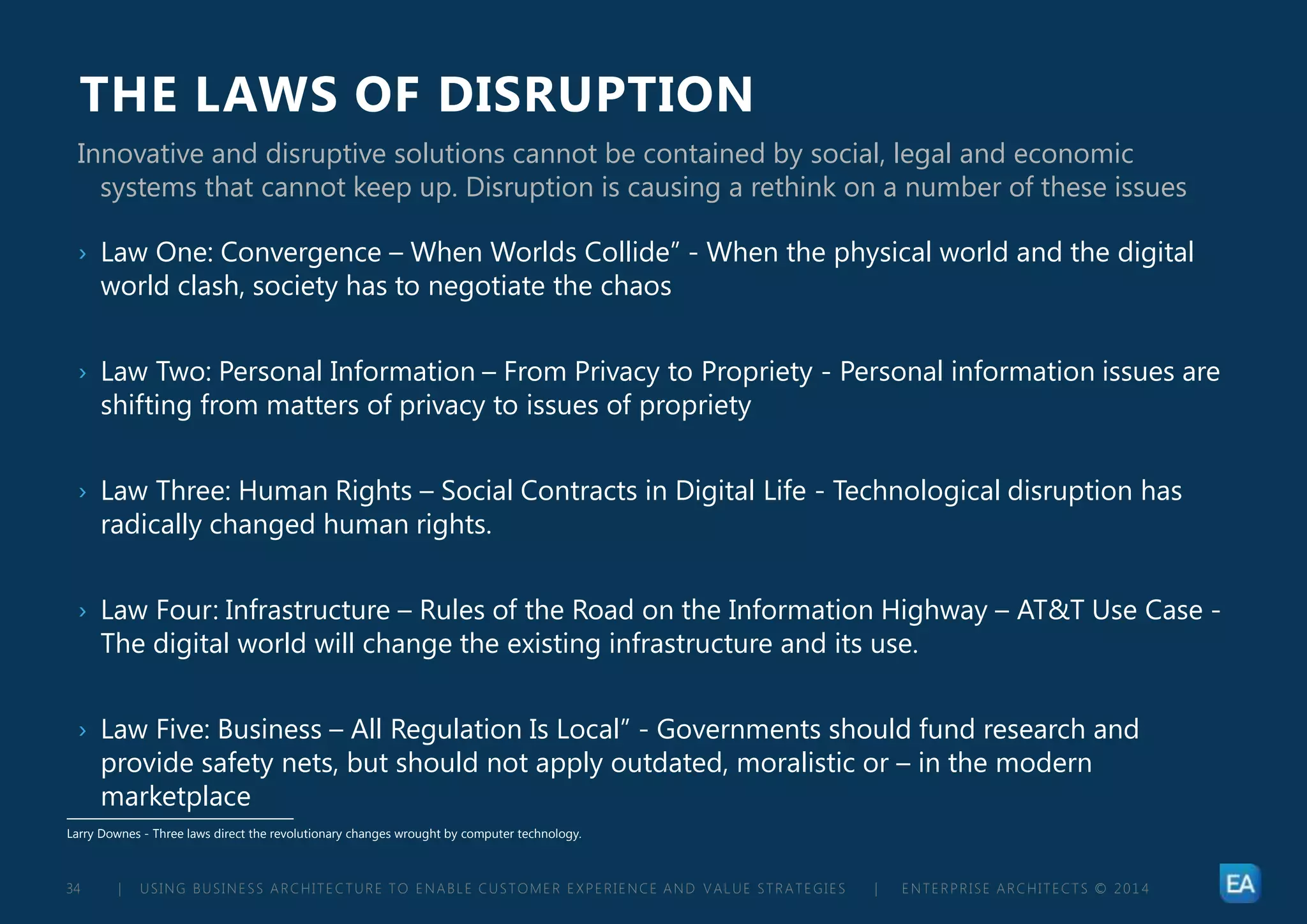 | USING BUSINESS ARCHITECTURE TO ENABLE CUSTOMER EXPERIENCE AND VALUE STRATEGIES | ENTERPRISE ARCHITECTS © 201 434
THE LAWS OF DISRUPTION
› Law One: Convergence – When Worlds Collide” - When the physical world and the digital
world clash, society has to negotiate the chaos
› Law Two: Personal Information – From Privacy to Propriety - Personal information issues are
shifting from matters of privacy to issues of propriety
› Law Three: Human Rights – Social Contracts in Digital Life - Technological disruption has
radically changed human rights.
› Law Four: Infrastructure – Rules of the Road on the Information Highway – AT&T Use Case -
The digital world will change the existing infrastructure and its use.
› Law Five: Business – All Regulation Is Local” - Governments should fund research and
provide safety nets, but should not apply outdated, moralistic or – in the modern
marketplace
Innovative and disruptive solutions cannot be contained by social, legal and economic
systems that cannot keep up. Disruption is causing a rethink on a number of these issues
Larry Downes - Three laws direct the revolutionary changes wrought by computer technology.
 