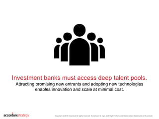 Copyright © 2016 Accenture All rights reserved. Accenture, its logo, and High Performance Delivered are trademarks of Accenture.
Investment banks must access deep talent pools.
Attracting promising new entrants and adopting new technologies
enables innovation and scale at minimal cost.
 