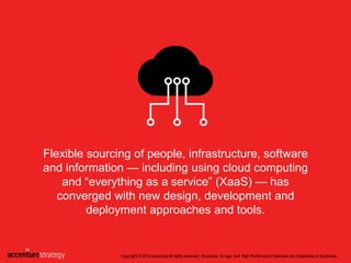 Flexible sourcing of people, infrastructure, software
and information — including using cloud computing
and “everything as a service” (XaaS) — has
converged with new design, development and
deployment approaches and tools.
Copyright © 2016 Accenture All rights reserved. Accenture, its logo, and High Performance Delivered are trademarks of Accenture.
 