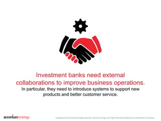 Copyright © 2016 Accenture All rights reserved. Accenture, its logo, and High Performance Delivered are trademarks of Accenture.
Investment banks need external
collaborations to improve business operations.
In particular, they need to introduce systems to support new
products and better customer service.
 