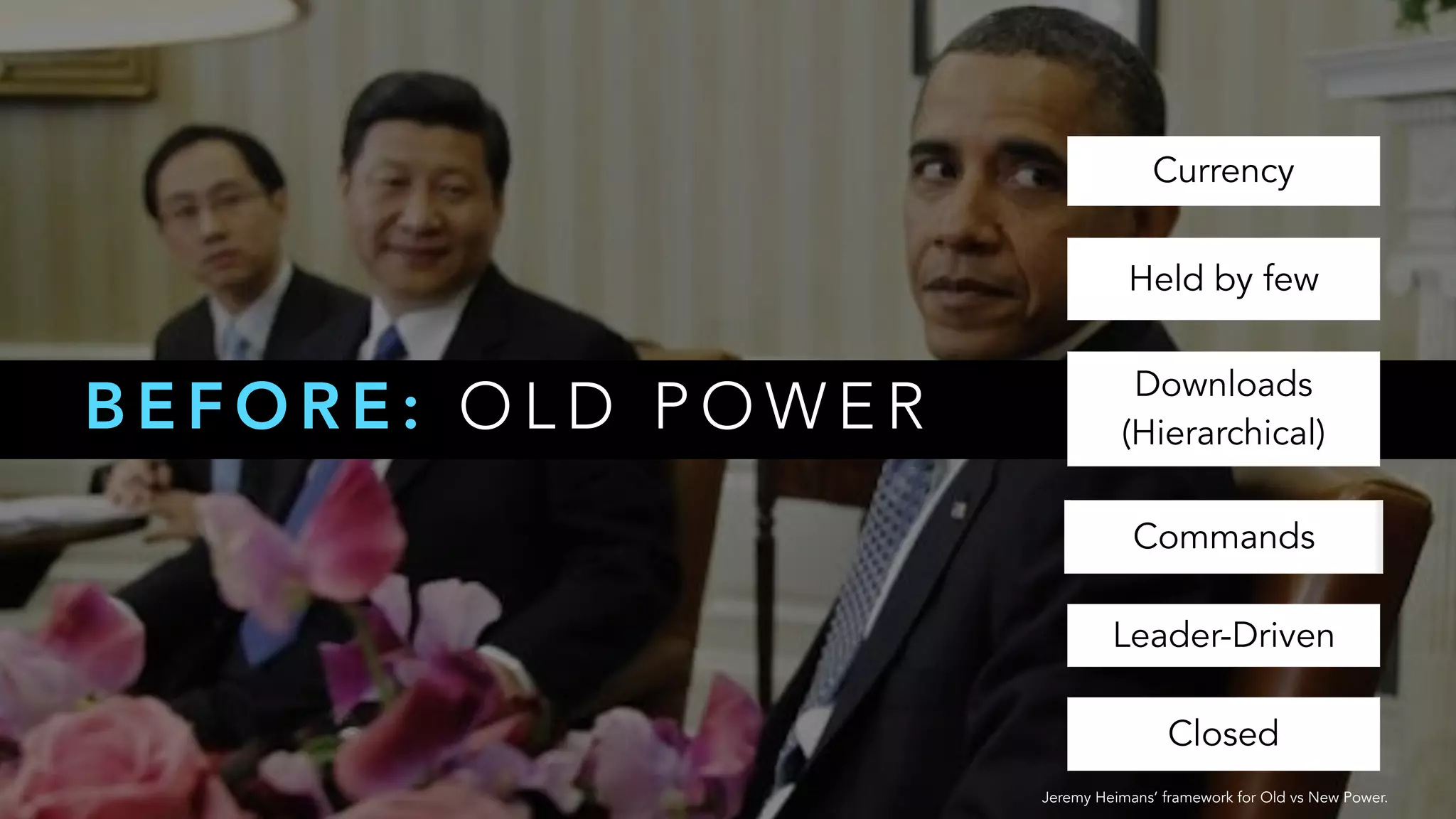 B E F O R E : O L D P O W E R
Currency
Held by few
Downloads  
(Hierarchical)
Commands
Leader-Driven
Closed
Jeremy Heimans’ framework for Old vs New Power.
 