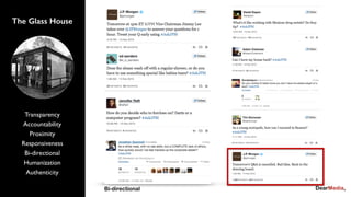 Transparency
Accountability
Proximity
Responsiveness
Bi-directional
Humanization
Authenticity
The Glass House
Bi-directional
 