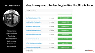 Transparency
Accountability
Proximity
Responsiveness
Bi-directional
Humanization
Authenticity
The Glass House New transparent technologies like the Blockchain
blockchain.info
 