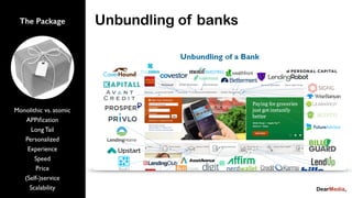 The Package
Monolithic vs. atomic
APPiﬁcation
Long Tail
Personalized
Experience
Speed
Price
(Self-)service
Scalability
Unbundling of banks
 
