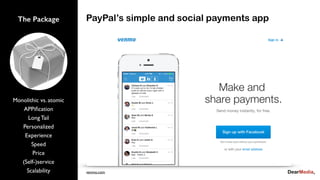 The Package
Monolithic vs. atomic
APPiﬁcation
Long Tail
Personalized
Experience
Speed
Price
(Self-)service
Scalability
PayPal’s simple and social payments app
venmo.com
 