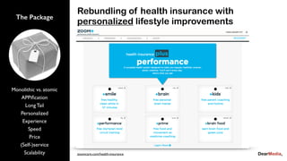 The Package
Monolithic vs. atomic
APPiﬁcation
Long Tail
Personalized
Experience
Speed
Price
(Self-)service
Scalability
Rebundling of health insurance with
personalized lifestyle improvements
zoomcare.com/health-insurance
 