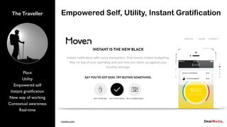 The Traveller
Place
Utility
Empowered self
Instant gratiﬁcation
New way of working
Contextual awareness
Real-time
Empowered Self, Utility, Instant Gratification
moven.com
 