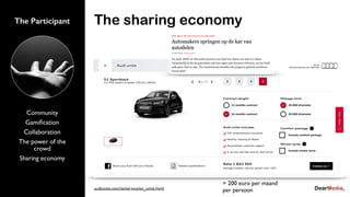 The Participant
Community
Gamiﬁcation
Collaboration
The power of the
crowd
Sharing economy
The sharing economy
audiunite.com/se/service/en_unite.html
= 200 euro per maand
per persoon
 