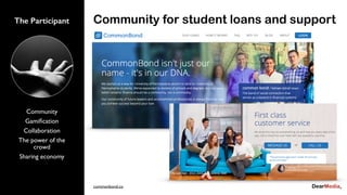 Community for student loans and support
commonbond.co
The Participant
Community
Gamiﬁcation
Collaboration
The power of the
crowd
Sharing economy
 