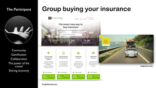 Group buying your insuranceThe Participant
Community
Gamiﬁcation
Collaboration
The power of the
crowd
Sharing economy
boughtbymany.com
heyguevara.com
 