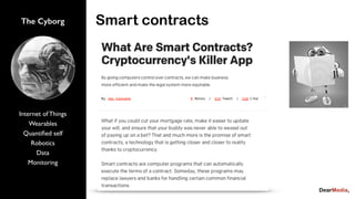 The Cyborg
Internet of Things
Wearables
Quantiﬁed self
Robotics
Data
Monitoring
Smart contracts
 