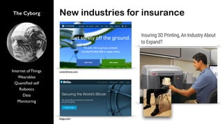 The Cyborg
Internet of Things
Wearables
Quantiﬁed self
Robotics
Data
Monitoring
New industries for insurance
bitgo.com
coverdrone.com
 