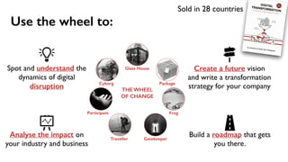 Glass House
Package
Frog
GatekeeperTraveller
Participant
Cyborg
THE WHEEL
OF CHANGE
Use the wheel to:
Spot and understand the
dynamics of digital
disruption
Analyse the impact on
your industry and business
Create a future vision
and write a transformation
strategy for your company
Build a roadmap that gets
you there.
Sold in 28 countries
 