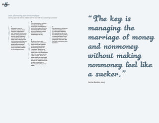 Jean, alternating part-time employee
Jean is 40 years old, married, and lives with his one child. He is a practicing accountant.

                                          2
                                          This combination of activities
                                          is made possible thanks
     1                                    to the hyper-simplification of         4
     Although he loves his                administrative procedures, but         Jean also plans to collaborate
     profession, Jean has chosen          also through the valorisation          with some neighbours on
     autonomy, independence               of his contributions through           an "Alternative Mobilities"
     and "meaning". He alternates         alternative currencies                 RFP raised by the city. He has
     between doing project-based          established by the city.               been thinking about grafting
     work for several employers,                                                 a carpooling network to the
     and activities that he really                                               community garden’s social
     enjoys, even if they earn him        3                                      network for some time. Will
     less money: parental day-care,       At the end of 2015, John               the Public Contribution Bank
     cultivating the community            achieved "super contributor"           back him?
     garden and participating             status for the role he played
     in the development of open           in the accounting software
     source accounting software           development project. This
     for his local government.            "promotion" allows him to
                                          mentor new developers. He is
                                          proud, even if the management
                                          side of his new status has him
                                          a little worried... But he also
                                          knows that for his time he will
                                          also receive a deduction in his
                                          housing tax, and the hours will
                                          be taken into account in
                                          the calculation of his pension
                                          points.




                                                                                                                  Yochai Benkler, 2007




                                                         32                                                                              33
 