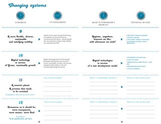 ODAY TOM                                                DAY TOM                                     DAY TOM                                              DAY TOM
                  Y T                                                     TO                                          TO                                                   TO
                                                                        Y                                           Y                                                    Y 



           YESTERDA




                                                                 YESTERDA




                                                                                                             YESTERDA




                                                                                                                                                                  YESTERDA
                                                                                    OR




                                                                                                                                OR




                                                                                                                                                                                     OR
                            OR




                                                                                     ROW AFT




                                                                                                                                 ROW AFT




                                                                                                                                                                                      ROW AFT
                            ROW  A F T
              W




                                                                    W




                                                                                                                W




                                                                                                                                                                     W
                  ER                                                    ER                                          ER                                                   ER
                    -TO ORRO                                              -TO
                                                                              MO R R
                                                                                     O                                -TO
                                                                                                                          MO R R
                                                                                                                                 O                                         -TO
                                                                                                                                                                               MO R R
                                                                                                                                                                                      O
                       M



          a promise                                        its assessment                             what is tomorrow’s                                  potential action
                                                                                                           promise?



                                                  Digital services have transformed the way                                                          Proximity through openness
                                                  we organize our time, and how we                                                                   Virtual is better!
                                                  communicate with others... and yet despite                                                         Tax-exempt "mobility vouchers"
                                                  this, our experience of day to day mobility                                                        A network of open, flexible
                                                  has improved very little.                                                                         workspaces




                                                                                                                                                     An Internet of everything
                                                  Digital technology has not miraculously                                                            Close the loops
                                                  generated stable growth, nor one that
                                                                                                                                                     Dematerialize, share, recycle – and
                                                  is more sustainable. So what is the missing
                                                                                                                                                    win
                                                  ingredient? Most likely, it is the will
                                                  to profoundly change the system..                                                                  Network-based resilience
                                                                                                                                                     Count differently




                                              	   Time for assessment                           	   What is tomorrow’s promise?                 	   What action can we take?
                                                  .……………………………………………………………………………                    .……………………………………………………………………………                  .……………………………………………………………………………


                                                  .……………………………………………………………………………                    .……………………………………………………………………………                  .……………………………………………………………………………

                                                                                                    .……………………………………………………………………………                  .……………………………………………………………………………
                                                  .……………………………………………………………………………
                                                                                                    .……………………………………………………………………………                  .……………………………………………………………………………
A promise that needs to be kept!                  .……………………………………………………………………………



                                              	   Time for assessment                           	   What is tomorrow’s promise?                 	   What action can we take?
                                                  .……………………………………………………………………………                    .……………………………………………………………………………                  .……………………………………………………………………………


                                                  .……………………………………………………………………………                    .……………………………………………………………………………                  .……………………………………………………………………………

                                                                                                    .……………………………………………………………………………                  .……………………………………………………………………………
                                                  .……………………………………………………………………………
          A promise
                                                                                                    .……………………………………………………………………………                  .……………………………………………………………………………
   To be addressed...by you!                      .……………………………………………………………………………
                                         44                                                                                                45
 