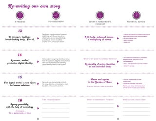 DAY TOM                                                DAY TOM                                        DAY TOM                                              DAY TOM
                TO                                                     TO                                             TO                                                   TO
              Y                                                      Y                                              Y                                                    Y 




                                                                                                             YESTERDA




                                                                                                                                                                  YESTERDA
       YESTERDA




                                                              YESTERDA




                                                                                                                                OR




                                                                                                                                                                                     OR
                          OR




                                                                                 OR




                                                                                                                                 ROW AFT




                                                                                                                                                                                      ROW AFT
                           ROW AFT




                                                                                  ROW AFT




                                                                                                                W




                                                                                                                                                                     W
          W




                                                                 W
              ER                                                     ER                                             ER                                                   ER
                -TO        O                                           -TO        O                                   -TO        O                                         -TO        O
                    MO R R                                                 MO R R                                         MO R R                                               MO R R



      a promise                                        its assessment                                 what is tomorrow’s                                  potential action
                                                                                                           promise?



                                              Significant, transformational progress                                                                  A more balanced relationship between
                                              that brings with it some new forms                                                                    users and healthcare professionals
                                              of alienation: a more beautiful body…                                                                   Mybodyismine.com
                                              according to whom? ...healthier                                                                         Body hacking
                                              at what cost? ...cheaper for whom?                                                                      Speak up!




                                                                                                                                                      Active rights: portability, personal
                                              Between fear-mongering, identity construc-        What if we made the wrong promise?                  data recovery, the right to lie,
                                              tion, the explosion of digital social practices                                                       "heteronymity"
                                              their over-exploitation, the last thing
                                                                                                                                                     Tools that distribute buying power
                                              digital identity needs is to be unified...
                                                                                                                                                     Identity as skill




                                                                                                                                                      Digital expression as core
                                                                                                                                                    competency
                                              Networks have dramatically enriched
                                              the array of online communication tools.                                                               Learn to control our tools
                                              But if this is heaven, it’s also hell...              A wish, rather than a promise                   Rights and tools to manage our
                                                                                                                                                    online visibility and availability




                                          	   Time for assessment                               	   What is tomorrow’s promise?                 	   What action can we take?
                                              .……………………………………………………………………………                        .……………………………………………………………………………                  .……………………………………………………………………………


                                              .……………………………………………………………………………                        .……………………………………………………………………………                  .……………………………………………………………………………

       A promise                                                                                    .……………………………………………………………………………                  .……………………………………………………………………………
                                              .……………………………………………………………………………
To be addressed...by you!
                                                                                                    .……………………………………………………………………………                  .……………………………………………………………………………
                                              .……………………………………………………………………………
                                     62                                                                                                    63
 