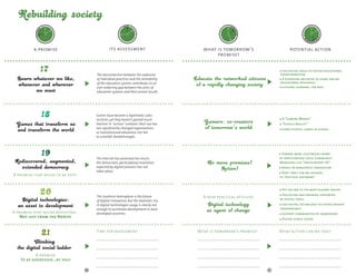 ODAY TOM                                                 DAY TOM                                        DAY TOM                                               DAY TOM
                  Y T                                                      TO                                             TO                                                    TO
                                                                         Y                                              Y                                                     Y 



           YESTERDA




                                                                  YESTERDA




                                                                                                                 YESTERDA




                                                                                                                                                                       YESTERDA
                                                                                     OR




                                                                                                                                    OR




                                                                                                                                                                                          OR
                            OR




                                                                                      ROW AFT




                                                                                                                                     ROW AFT




                                                                                                                                                                                           ROW AFT
                            ROW  A F T
              W




                                                                     W




                                                                                                                    W




                                                                                                                                                                          W
                  ER                                                     ER                                             ER                                                    ER
                    -TO ORRO                                               -TO
                                                                               MO R R
                                                                                      O                                   -TO
                                                                                                                              MO R R
                                                                                                                                     O                                          -TO
                                                                                                                                                                                    MO R R
                                                                                                                                                                                           O
                       M



          a promise                                        its assessment                                what is tomorrow’s                                   potential action
                                                                                                              promise?


                                                                                                                                                          Use digital tools to foster educational
                                                  The disconnection between the explosion                                                               transformation
                                                  of individual practices and the immobility                                                              A European initiative to share online
                                                  of the education system contributes to an                                                             educational resources
                                                  ever-widening gap between the aims of                                                                   Lifelong learning, for real
                                                  education systems and their actual results.




                                                  Games have become a legitimate cultu-
                                                  ral form, yet they haven’t gained much                                                                  A "Gaming Matrix"
                                                  t
                                                  ­ raction in "serious" contexts: their use has                                                          "Playful Reality"
                                                  not significantly changed organizations                                                                 Game studies, games in school.
                                                  or revolutionized education, nor led
                                                  to scientific breakthroughs.




                                                                                                                                                          Toward more legitimised forms
                                                  The Internet has promised too much;                                                                   of participation: Local Community
                                                  the democratic, participatory revolution                                                              Managers; the "participatory 1%"
                                                  expected by digital pioneers has not                                                                   Invest in democratic innovation
                                                  taken place.                                                                                            Don’t wait for an upgrade
A promise that needs to be kept!                                                                                                                        to "political software"


                                                                                                                                                          Put an end to the most blatant abuses
                                                                                                                                                          Education and training supported
                                                  The Southern hemisphere is the future                  A new practical attitude                       by digital tools.
                                                  of digital innovation, but the dramatic rise
                                                  in digital technologies usage is clearly not                                                            Use digital technology to foster greater
                                                  enough to accelerate development in least                                                             transparency.
A promise that needs revisiting...                developed countries.                                                                                    Support communities of innovators.
    Not just from the North!                                                                                                                              Digital public goods.


                                              	   Time for assessment                              	   What is tomorrow’s promise?                  	   What action can we take?
                                                  .……………………………………………………………………………                       .……………………………………………………………………………                   .……………………………………………………………………………

                                                  .……………………………………………………………………………                       .……………………………………………………………………………                   .……………………………………………………………………………

           A promise                              .……………………………………………………………………………                       .……………………………………………………………………………                   .……………………………………………………………………………
    To be addressed...by you!
                                                  .……………………………………………………………………………                       .……………………………………………………………………………                   .……………………………………………………………………………
                                         76                                                                                                    77
 