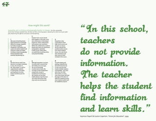 How might this work?

Jacqueline, 46, is a history and geography teacher l’œuvre She likes: geography
                               La promesse à in Limoges.
(more than history), and field trips. She does not like: correcting papers, repeating the same course year after
year, dispensing the official curriculum, and disciplining.
Jacqueline, 46 ans, prof d’histoire-géographie à Limoges. Elle aime : la géo plus que l’histoire ; les sorties
                                                  2
sur le terrain. Elle n’aime pas : corriger des copies, répéter le même cours chaque année, décliner le programme officiel,
faire la discipline.                              Students from several schools
    1                                           2
                                              work together on the atlas, some               3
    After years of teaching classes           over several years. As the project
                                                Des élèves de plusieurs lycées               Jacqueline is also
    1
    which had become increasingly             progresses, adults, professionals
                                                travaillent ensemble sur l’atlas,              3
                                                                                             responsible for three
    difficult toannées à Jacqueline
    Après des manage, tenter                  and amateurs also contribute. suite.
                                                certains plusieurs années de                 high school courses, yet
                                                                                               Jacqueline a aussi
    hastenir des classes de plus
    de finally managed to                     Within this collaboration, students des
                                                À mesure que le projet progresse,            she gives no classes.classes
                                                                                               la charge de trois
    inaugurate a new project: over
    en plus difficiles, Jacqueline a          divide tasks: there are statisticians,
                                                adultes, professionnels et amateurs,         She has selected two elle
                                                                                               de lycée et pourtant,
    5 years, she and her students will
    réussi à faire passer un projet :         cartographers, specialists Tout en
                                                y contribuent également.                     excellent online courses
                                                                                               ne donne plus de cours.
    construct an Atlas of Limoges,
    sur 5 ans, elle construit avec            incollaborant, les élèves se répartissent
                                                 field surveys, while others                 from which students
                                                                                               Elle a sélectionné deux
    including its physical geography,
    ses élèves un atlas de Limoges.           are publishing y a des statisticiens,
                                                les tâches : il everything online            choose. She only checks
                                                                                               excellents cours en ligne
    history, population data,
    Géographie physique, histoire,            using cartographes, des spécialistes
                                                des OpenStreetMap.                           their attendance les élèves
                                                                                               parmi lesquels and
    economy, city planning, projets
    population, économie, etc.                   des enquêtes terrain, tandis que            their scores on tests
                                                                                               choisissent. Elle vérifie
    d’urbanisme, tout y passe.                   d’autres mettent l’ensemble en ligne        included in the course.
                                                                                               juste leur assiduité et
                                                 à l’aide d’OpenStreetMaps.                      leurs résultats aux tests
    4
    6                                          55                                            6inclus dans les cours.
    Pourtime she has saved, now
    The éviter le copier-coller,               Although Jacqueline is no lover
                                                 Sans adorer les écrans (elle                To avoid copying and
    Jacqueline no longer constantly des
    that she is invente des devoirs et         ofest fière de son proud mobile),
                                                  screens (she is vieux of her                 4
                                                                                             pasting, Jacqueline has
    in class, she reinvests in
    exercices qui font appel à plusieurs       old mobile), she encourages
                                                 Jacqueline encourage l’usage                devised homeworkgagne
                                                                                               Le temps qu’elle and
    the "atlas project" as well as
    registres de connaissance – ainsi, le      the use of technology
                                                 du numérique en cours et                    in-class faisant plus cours,
                                                                                               en ne exercises that
    suppor­ ing her students
            t
    plus souvent, qu’à des observations        inà la maison.at home. She
                                                  school and Sauf exception, elle            involve multiple registers
                                                                                               elle le réinvestit dans la
    de terrain. Dans The adults
    in small groups. de nombreux cas,          no longer accepts handwritten
                                                 n’accepte plus de devoirs écrits            of"mission atlas" ainsi que
                                                                                                knowledge - and, more
    partici­ ating in the atlas
            p
    ces devoirs viendront nourrir des          assignments, except inpeuvent
                                                 à la main. Ses élèves                       often than not, field
                                                                                               dans l’accompagnement
    project sometimes give her
    pages de l’atlas : difficile de plagier    exceptional circumstances.
                                                 utiliser leurs portables                    observations. In many
                                                                                               de ses élèves en petits
    a hand.
    alors que ce que les élèves publient       Her students can use chercher
                                                 en cours pour aller their                   cases, theseDes adultes feed
                                                                                               groupes. duties will qui
    sera lisible par n’importe qui !           mobile phones to get the most
                                                 les informations dont ils ont               the pages of the atlas:lui
                                                                                               participent à l’atlas it’s
                                               up to date information they
                                                 besoin, même pendant                        difficult to plagiarize when
                                                                                               donnent parfois un coup
                                               may need, even during tests.
                                                 les contrôles.                              whatmain.
                                                                                               de students publish will
                                                                                             be readable by anyone!




                                                                                                                             Seymour Papert & Gaston Caperton, "Vision for Education", 1999
                                                            82                                                                                                             83
 