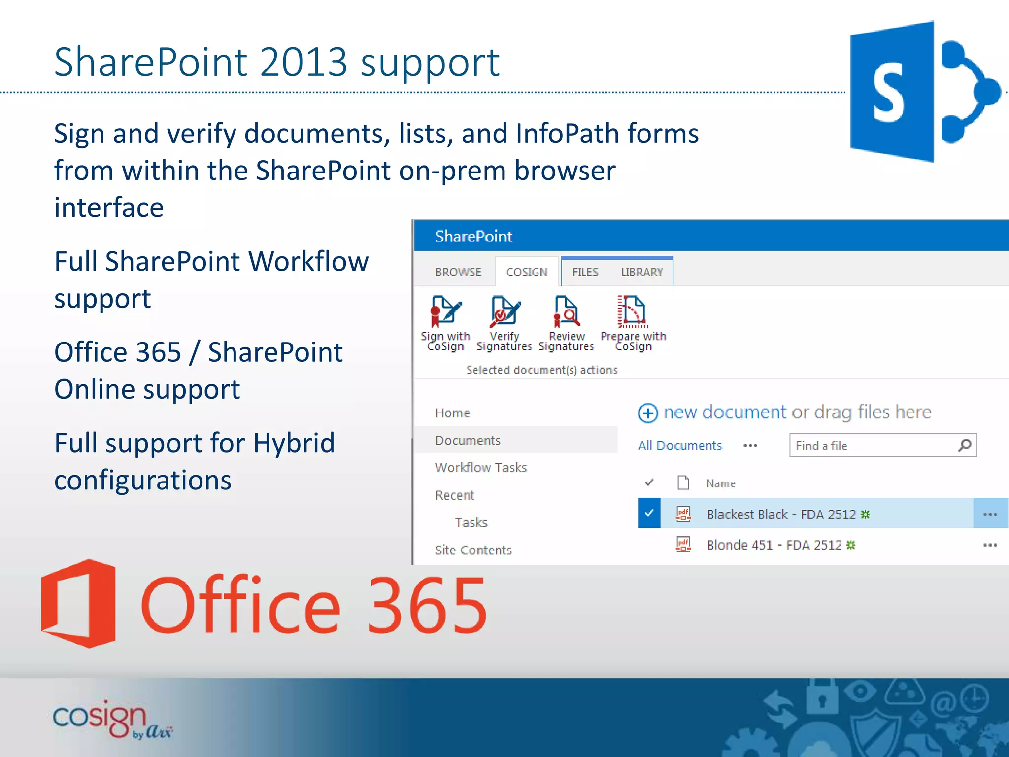 SharePoint 2013 support 
Sign and verify documents, lists, and InfoPath forms 
from within the SharePoint on-prem browser 
interface 
Full SharePoint Workflow 
support 
Office 365 / SharePoint 
Online support 
Full support for Hybrid 
configurations 
 