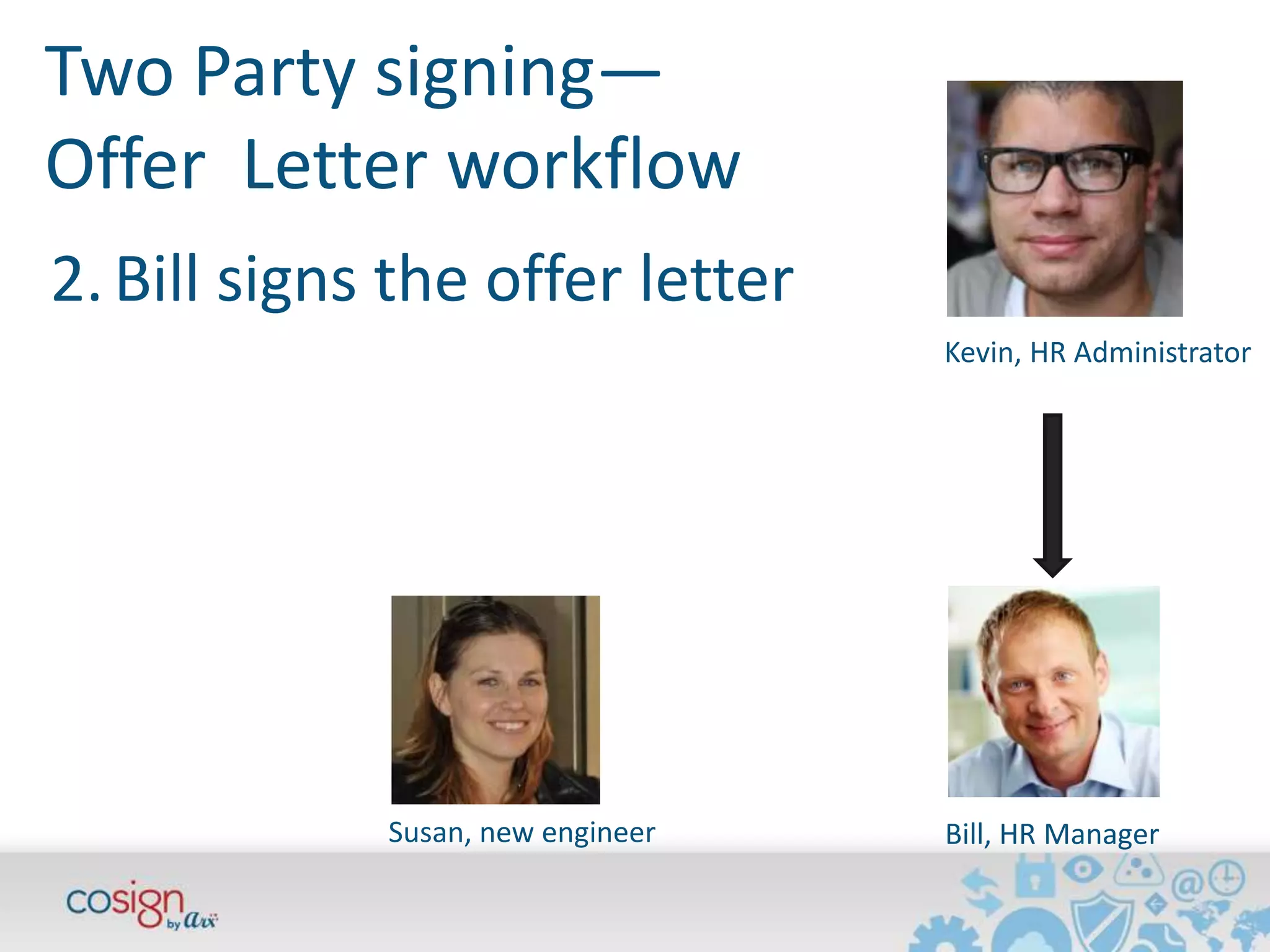 Two Party signing— 
Offer Letter workflow 
Kevin, HR Administrator 
2. Bill signs the offer letter 
Susan, new engineer Bill, HR Manager 
 