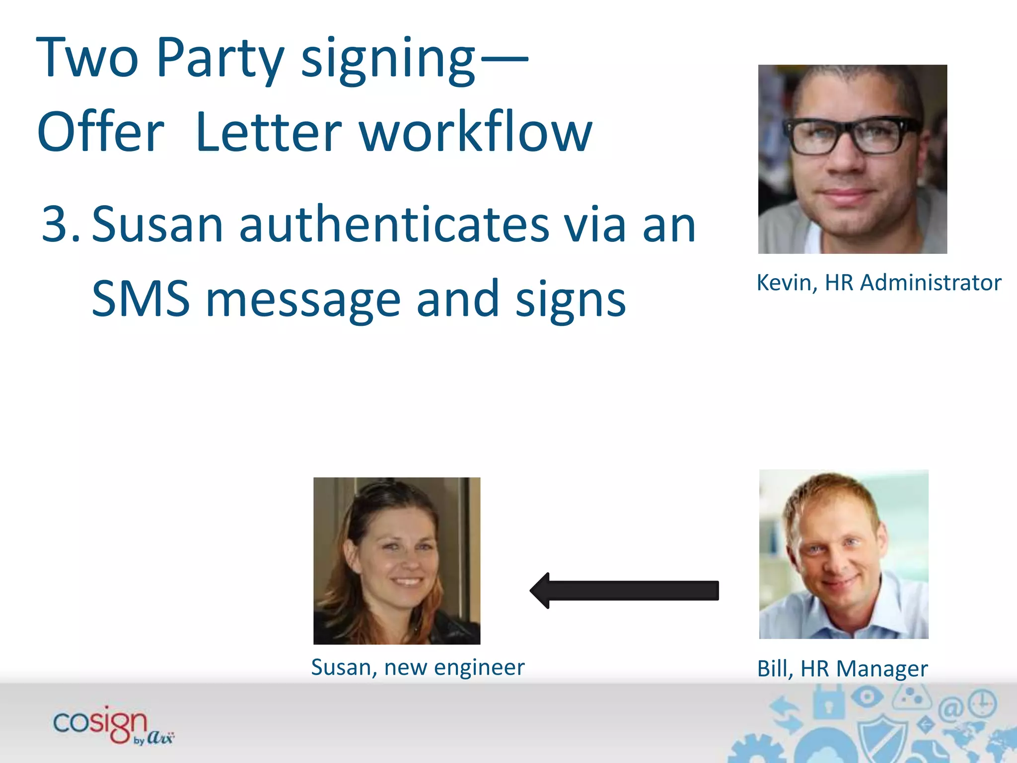 Two Party signing— 
Offer Letter workflow 
Kevin, HR Administrator 
3. Susan authenticates via an 
SMS message and signs 
Susan, new engineer Bill, HR Manager 
 